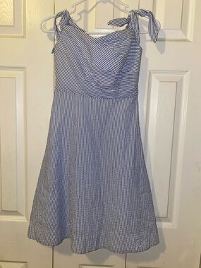 Striped Blue and White Tie-Shoulder Seersucker Midi J. Crew Dress